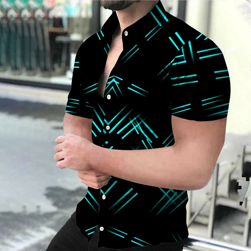 "Men's Short Sleeve Button-Up Shirt with Modern Geometric Print and Slim Fit Design"