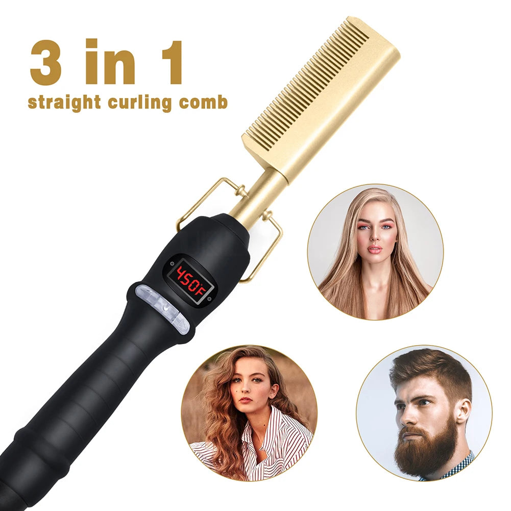 3-in-1 Hair Straightening and Curling Comb with Digital Temperature Display and Multi-Functional Design for Sleek, Curly, or Groomed Beard Styling