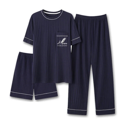 Men's Striped Short and Long Sleeve Pajama Set with Chest Pocket and Contrast Piping for Versatile Sleepwear Options