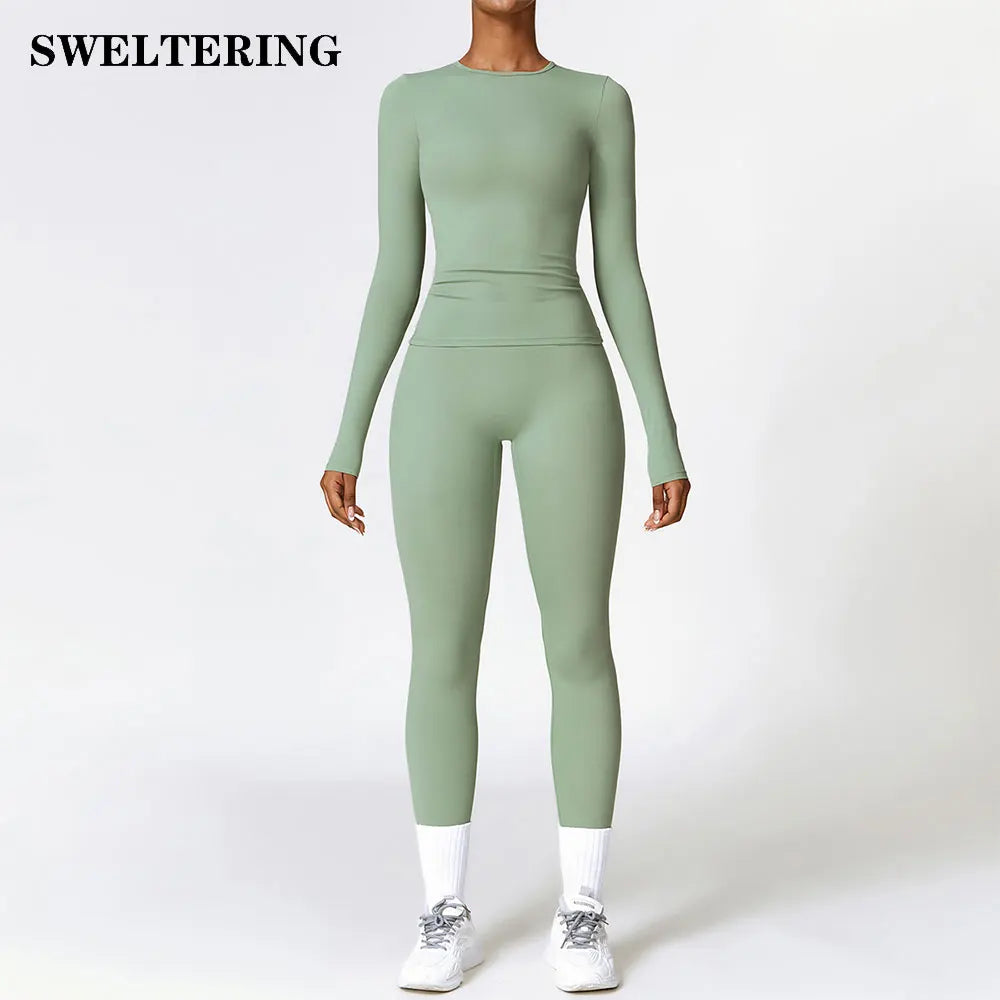 Women's Seamless Long-Sleeve Yoga Set with High-Waisted Leggings and Thumb Holes for Workout and Fitness