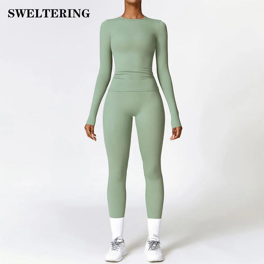 Women's Seamless Long-Sleeve Yoga Set with High-Waisted Leggings and Thumb Holes for Workout and Fitness