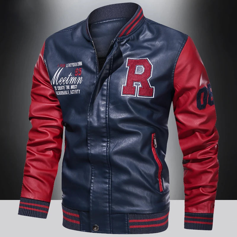 Mens Varsity Letterman Jacket with Embroidered Patches and Contrast Sleeves for Trendy Casual Wear