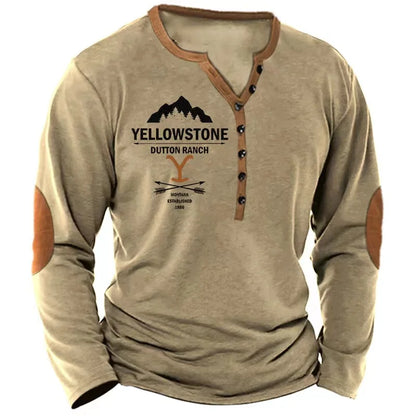 Men's Long Sleeve Button-Up Henley Shirt with Tribal Print and Yellowstone Dutton Ranch Logo