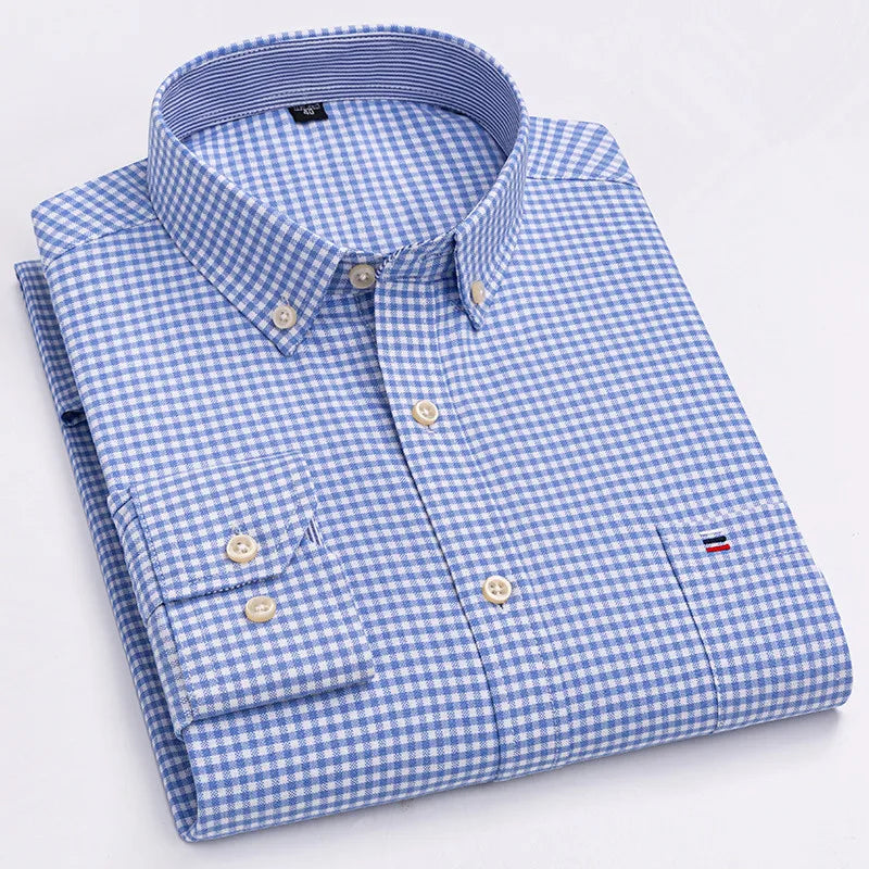 Premium Cotton Button-Down Oxford Shirt with Striped Collar Detail, Long Sleeves, and Classic Chest Pocket Design for Men.