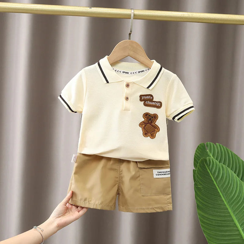 Adorable Polo Shirt and Shorts Set for Boys with Teddy Bear Patch and Casual Style