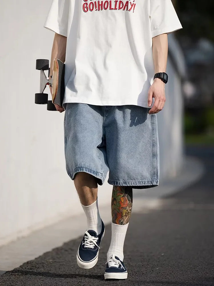 Men's Loose-Fit Knee-Length Denim Shorts for Casual Streetwear and Skateboarding