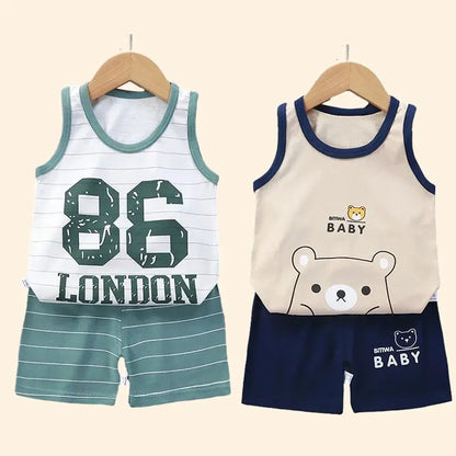 Toddler Summer Tank Top and Shorts Set with London and Cute Bear Designs, Perfect for Casual Wear