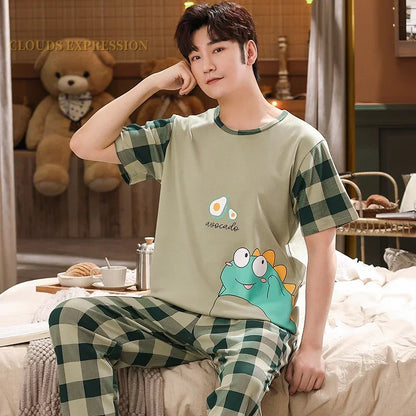 Men's Casual Short Sleeve T-Shirt with Chest Pocket Detail and Matching Plaid Lounge Pants Set for Relaxed Home Wear