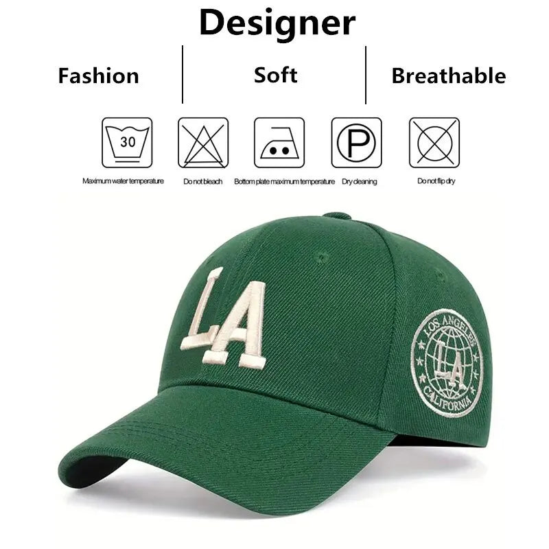 Embroidered LA Baseball Cap with Adjustable Strap and Side Patch Detailing for Casual Wear