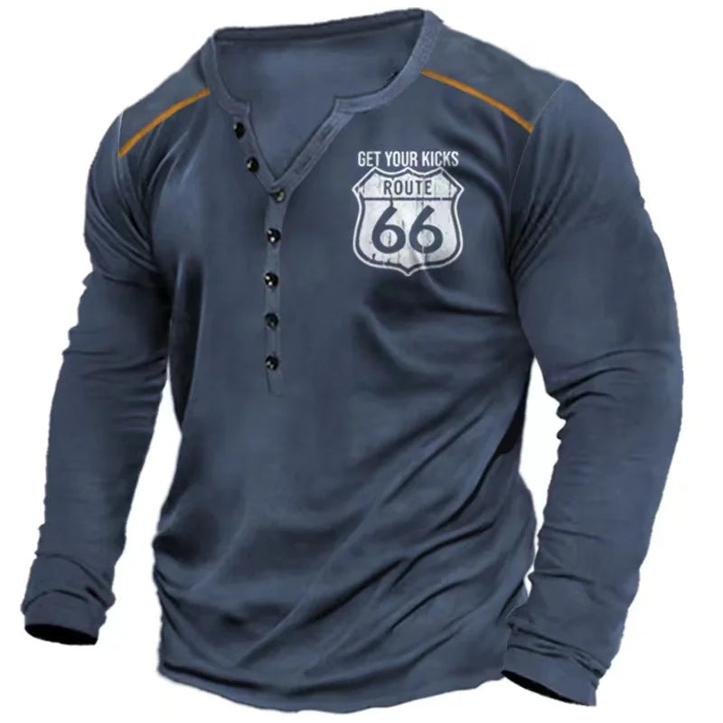 Men's Long Sleeve Button-Up Henley Shirt with Tribal Print and Yellowstone Dutton Ranch Logo