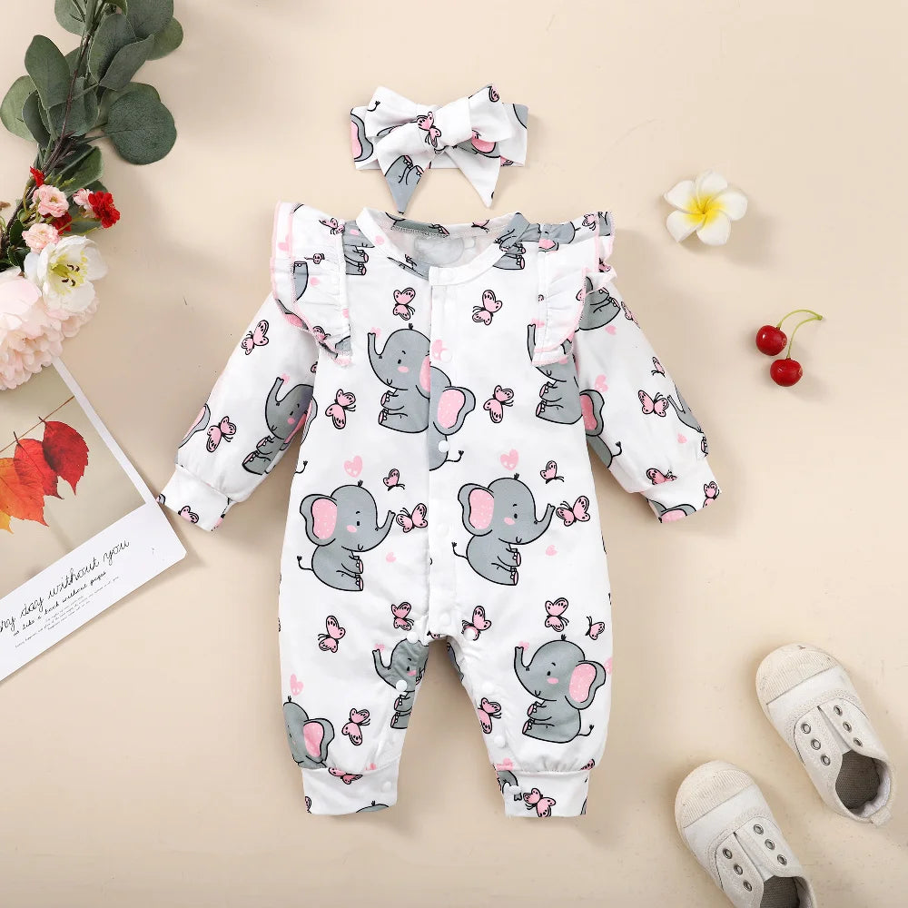 Adorable Elephant Print Baby Romper with Matching Headband - Soft and Comfortable Long-Sleeve Jumpsuit for Newborns and Infants