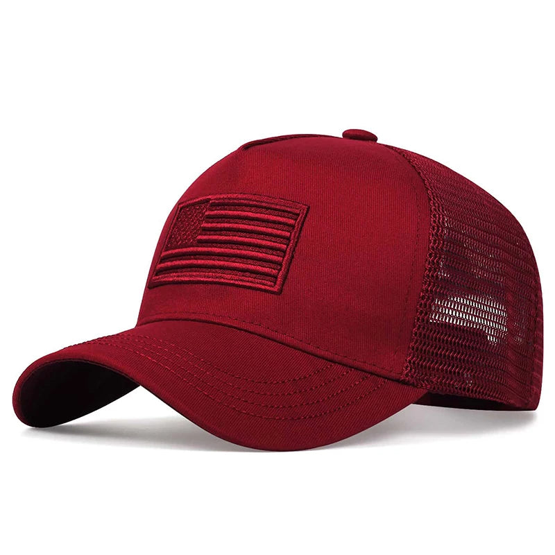 Patriotic Mesh-Back Baseball Cap with Embroidered Flag Design and Adjustable Snap Closure