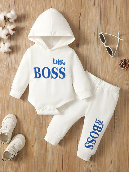 "Little Boss" Baby Hooded Long Sleeve Romper and Pants Set, Cozy and Stylish Outfit, Perfect for Playtime and Casual Wear