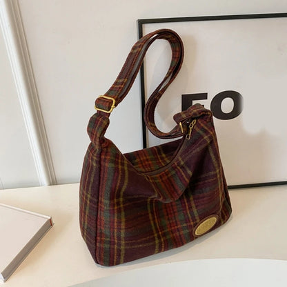 Vintage-Inspired Plaid Shoulder Bag with Plush Bear Charm and Spacious Interior