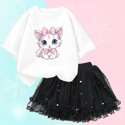 Adorable Kitten Print Top and Sparkly Tulle Skirt Set for Girls – Perfect for Parties and Special Occasions