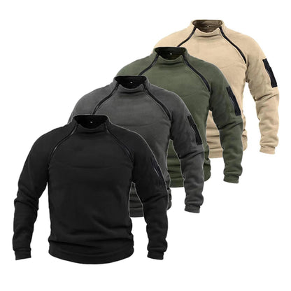 Men's Tactical Fleece Pullover with Zippered Shoulder Pockets and Stand-Up Collar for Outdoor Activities