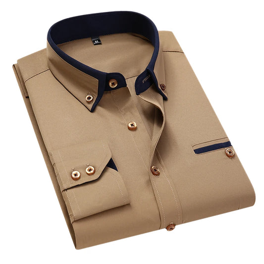 Long-Sleeve Dress Shirt with Contrast Collar and Cuff Details, Button-Down Closure, and Chest Pocket Accent