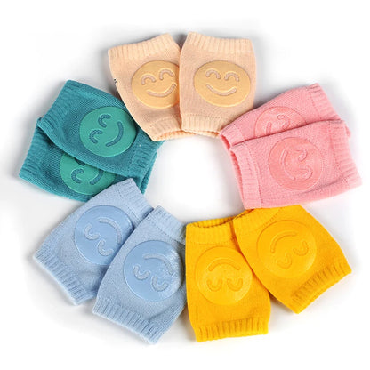 Baby Knee Pads with Smiley Face Design, Soft and Stretchable Cotton, Anti-Slip Crawling Protector, Comfortable and Safe for Infants' Knees, Set of Five Pairs