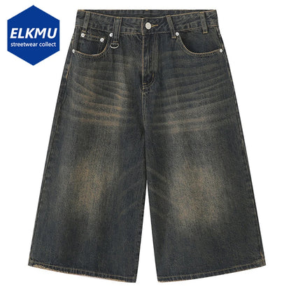 Loose Fit Denim Shorts for Men with Vintage Washed Finish and Classic Five-Pocket Design