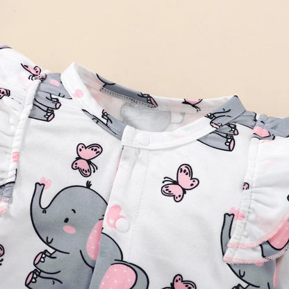 Adorable Elephant Print Baby Romper with Matching Headband - Soft and Comfortable Long-Sleeve Jumpsuit for Newborns and Infants