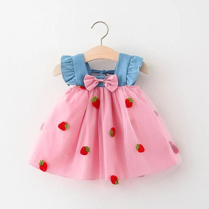 Adorable Tulle Dress for Babies with Strawberry Embellishments and Ruffled Sleeves, Featuring a Cute Bow Accent