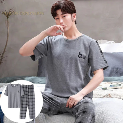 Men's Casual Short Sleeve T-Shirt with Chest Pocket Detail and Matching Plaid Lounge Pants Set for Relaxed Home Wear