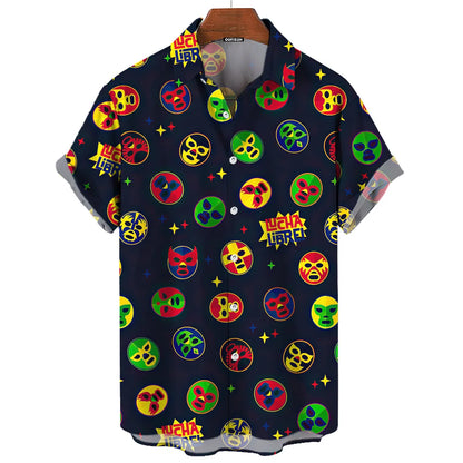 Short-Sleeve Hawaiian Shirt with Lucha Libre Wrestler Print and Button-Up Design