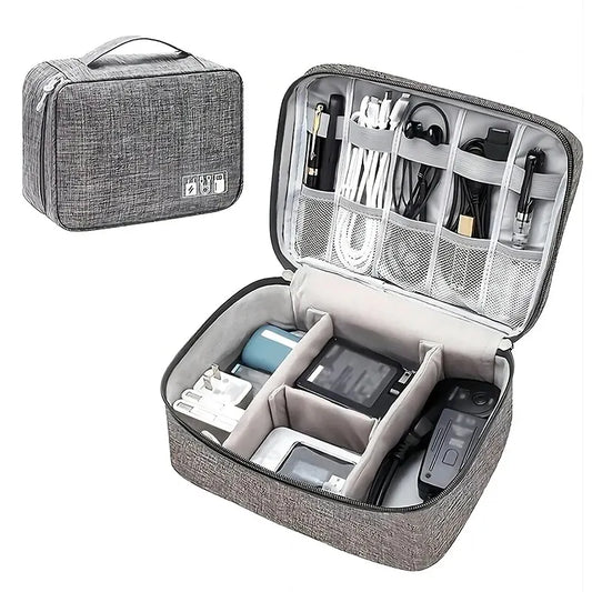 Compact Travel Cable Organizer Bag with Adjustable Compartments and Multiple Storage Pockets for Electronics and Accessories.