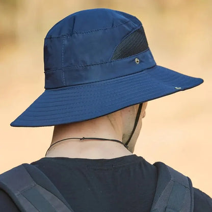 Wide-Brim Sun Protection Boonie Hat with Adjustable Chin Strap and Breathable Mesh Panels for Outdoor Activities