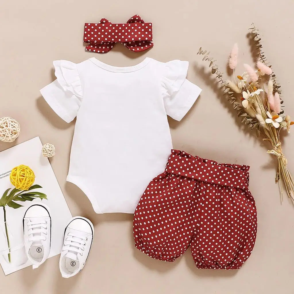 Adorable "Isn't She Lovely" Floral Print Bodysuit with Polka Dot Shorts and Matching Headband for Baby Girls