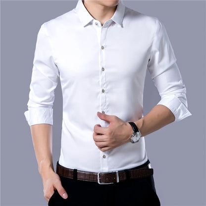 Men's Slim-Fit Long Sleeve Business Dress Shirt with Classic Collar and Button-Down Design, Ideal for Formal Occasions and Professional Wear