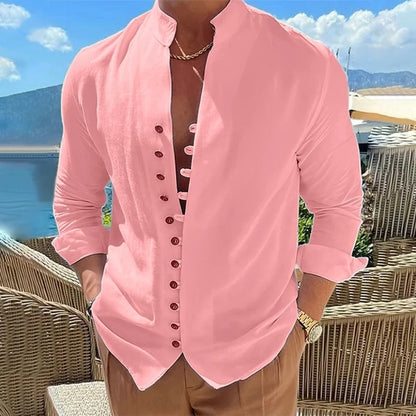 Stylish Men's Long Sleeve Shirt with Stand Collar and Unique Button Detailing for Casual and Formal Occasions.