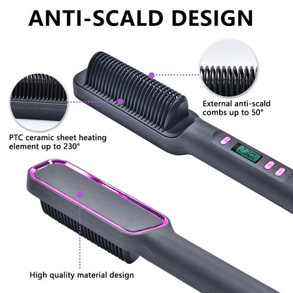 Ionic Hair Straightening Brush with Digital Temperature Control and Anti-Scald Design for Smooth, Frizz-Free Styling