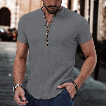 Men's Short-Sleeve Linen Henley Shirt with Buttoned V-Neck and Casual Fit