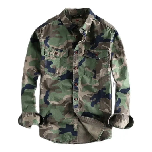 Men's Long-Sleeve Camouflage Button-Up Shirt with Dual Chest Pockets, Perfect for Outdoor Activities and Casual Wear