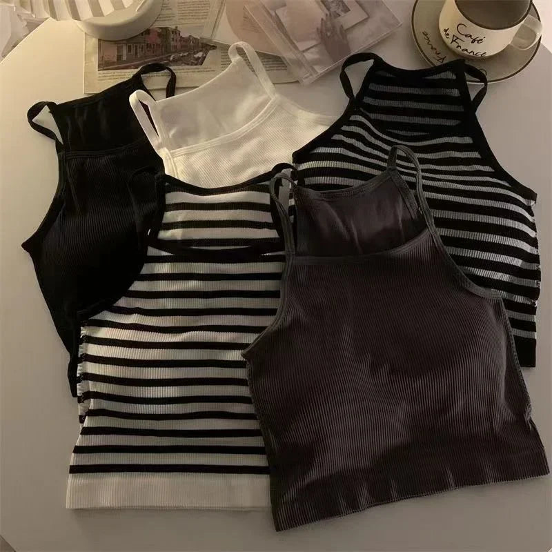 Women's Ribbed Tank Tops with Strappy Back Design and Mixed Solid and Striped Patterns, Perfect for Layering or Casual Wear