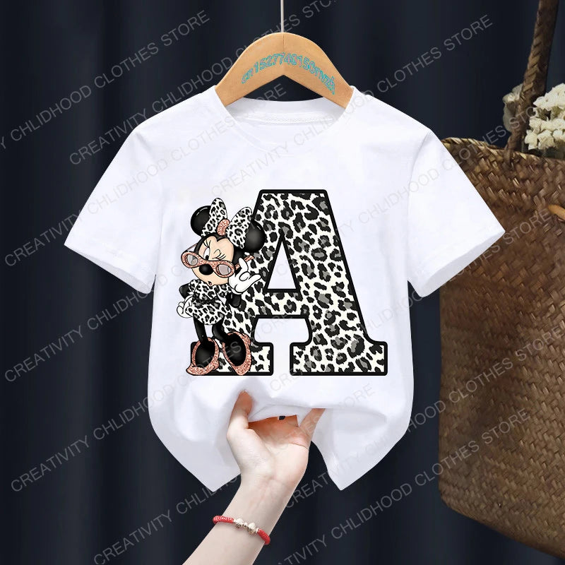 Minnie Mouse Leopard Print Alphabet Graphic T-Shirt for Kids – Trendy and Fun Summer Wear