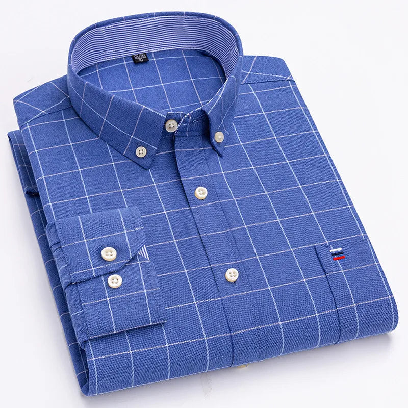 Premium Cotton Button-Down Oxford Shirt with Striped Collar Detail, Long Sleeves, and Classic Chest Pocket Design for Men.