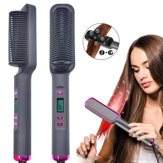 Ionic Hair Straightening Brush with Digital Temperature Control and Anti-Scald Design for Smooth, Frizz-Free Styling