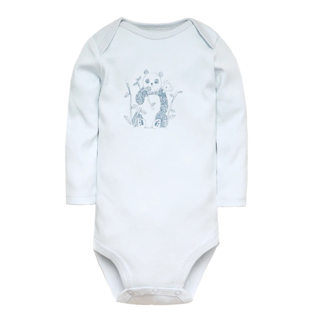 Baby Long Sleeve Bodysuits – Cozy Cotton Onesies for Infants, Pack of Five Featuring Adorable Animal Prints, Stripes, and Adventure Themes