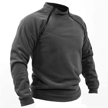 Men's Tactical Fleece Pullover with Zippered Shoulder Pockets and Stand-Up Collar for Outdoor Activities