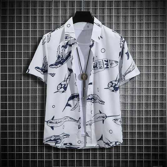 Men's Short-Sleeve Button-Up Shirt with Nautical Whale Print and Casual Fit