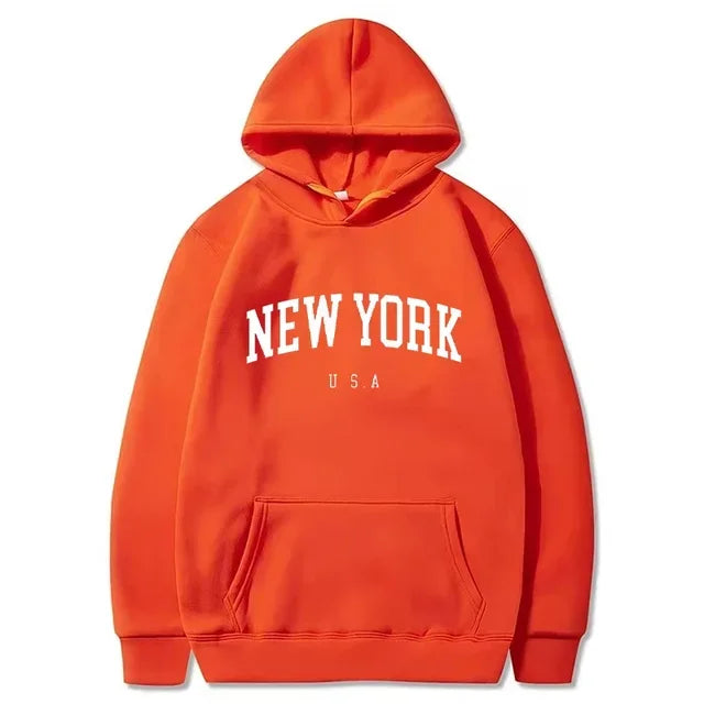 New York USA Graphic Hoodie with Kangaroo Pocket and Ribbed Cuffs for Urban Casual Style