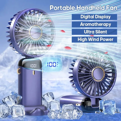 Portable Handheld Fan with Digital Display, Aromatherapy Function, Ultra-Silent Operation, and High Wind Power for Personal Cooling