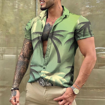 Men's Tropical Print Casual Short Sleeve Button-Down Shirt with Deep V-Neck Design