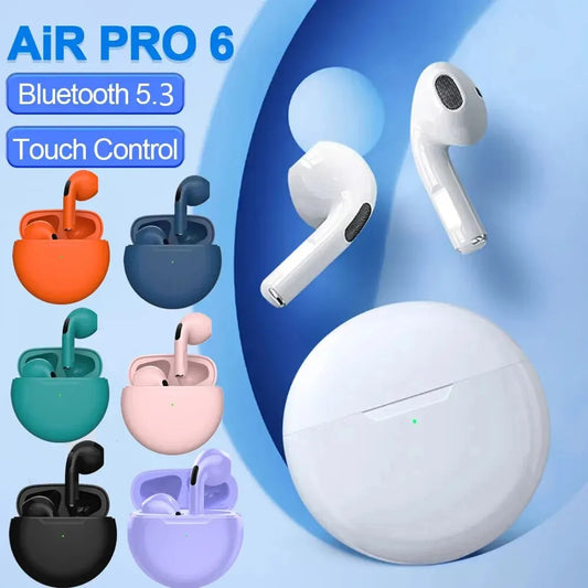 Wireless Bluetooth 5.3 Earbuds with Touch Control and Charging Case, Air Pro 6 Model, Ergonomic Design for Enhanced Comfort and Superior Sound Quality.