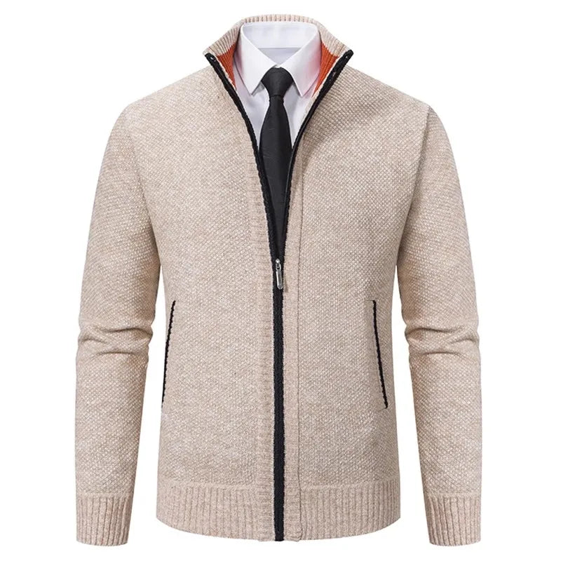 Men's Full-Zip Cardigan with Textured Knit Design, Stand Collar, and Ribbed Cuffs and Hem for a Stylish and Comfortable Fit, Perfect for Business Casual and Formal Wear