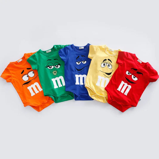 Playful Baby Onesie Set with M&M Character Faces, Soft Cotton Fabric, and Short Sleeves for Comfortable Everyday Wear