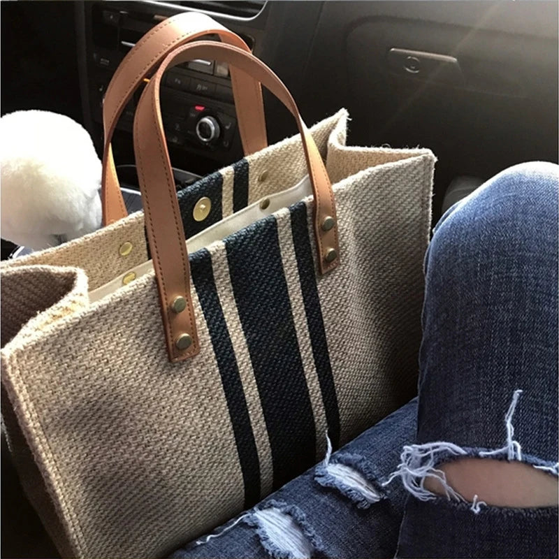 Striped Jute Tote Bag with Leather Handles and Brass Stud Accents for Women