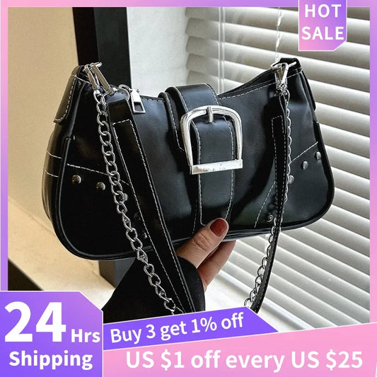 Edgy Messenger Bag with Oversized Buckle and Chain Strap Detail